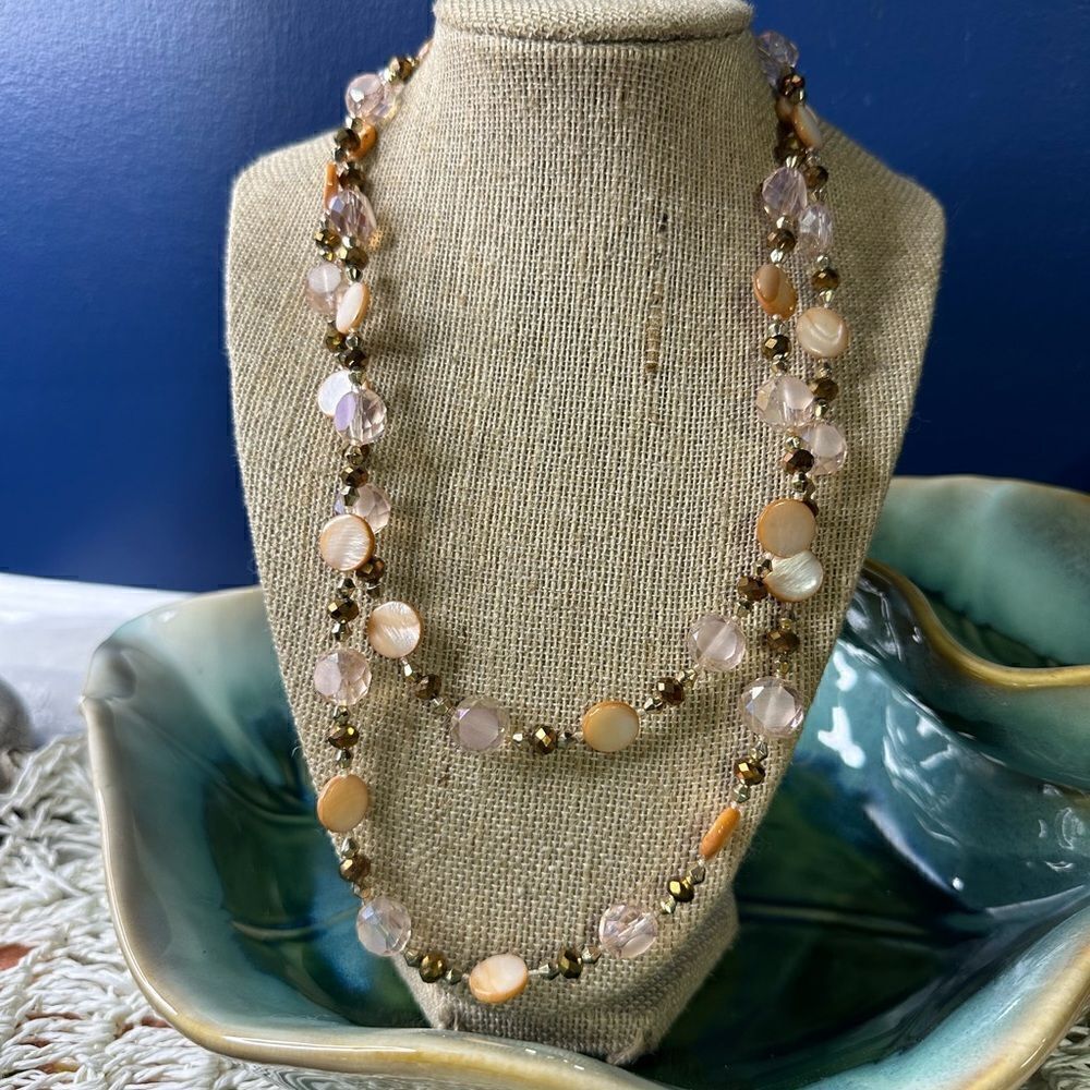Peach Tan Neutral Colors Glass Beads & Mother of Pearl Flapper Length 40”